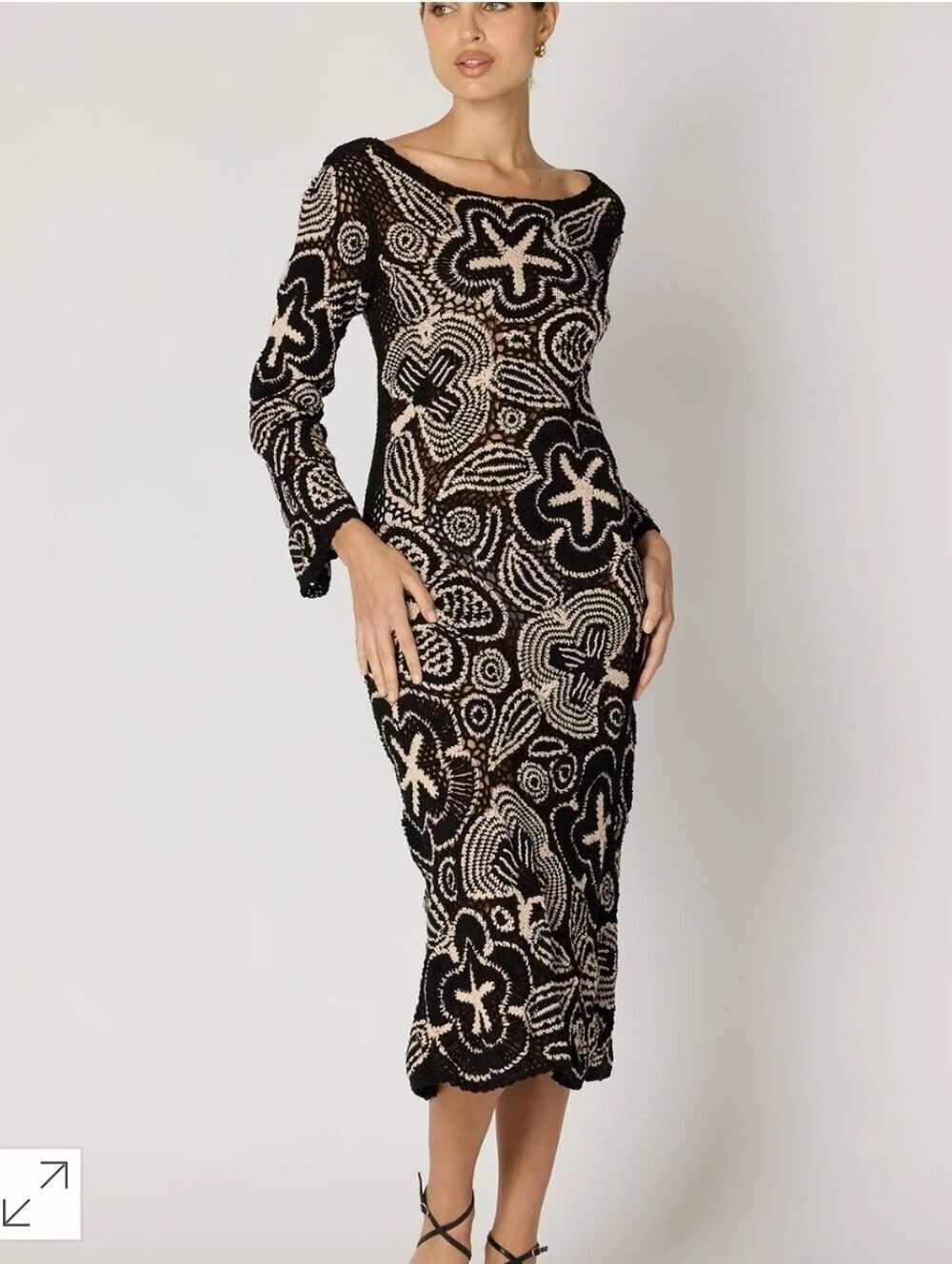 Cleobella Black and Cream Floral Knit Midi Dress XS No Slip
